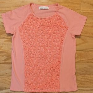 Zara Coral Pink Lace Accent Short Sleeve Stretchy Top, Size 11/12 EUC